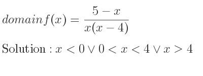 The domain of f(x)=(5-x)/(x(x-4)) is x<0\lor 0<x<4\lor x>4